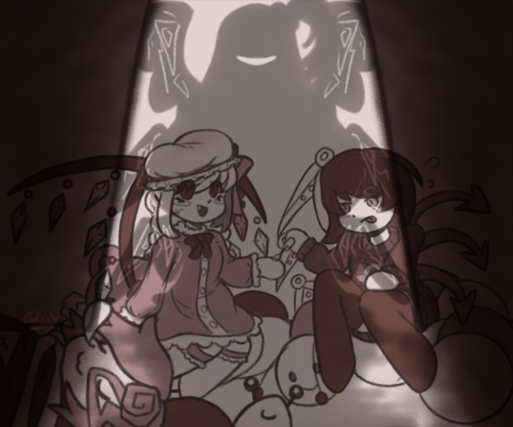 Nue struggles to paint Flandre's nails, while Ariya sleeps peacefully beside them. Then, suddenly.. Shinki appears! And she seems to want.. Bloodshed! Wait, no, she just wants them to quiet down already..

(Flandre Scarlet, Nue Houjuu, Ariya Iwanaga, Shinki from Touhou Project)