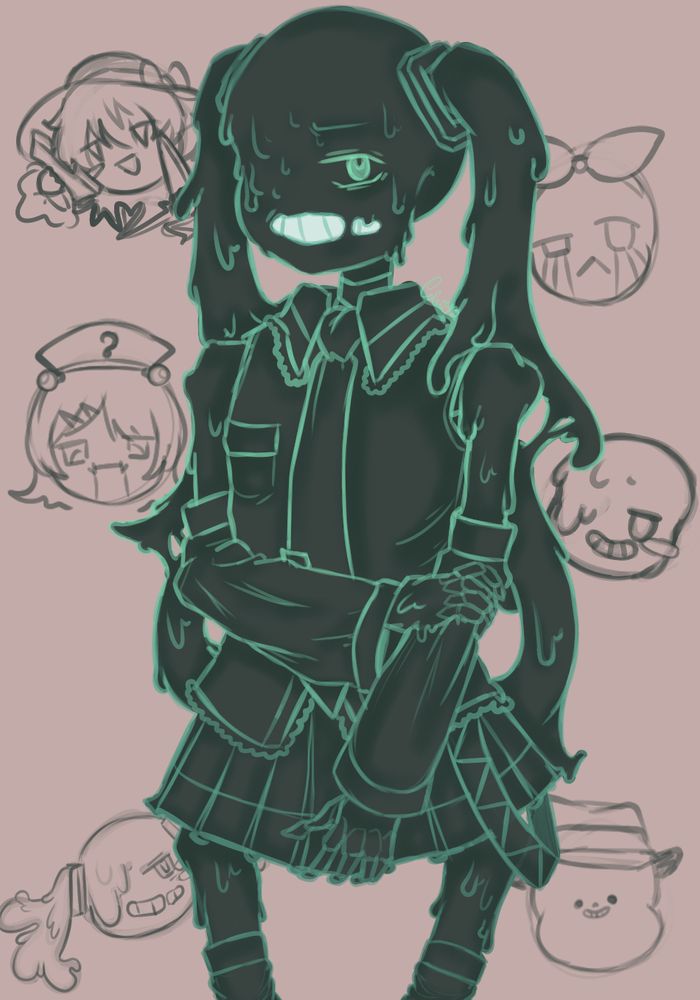 nightmare sans cosplaying hatsune miku. dont ask me why, im too ashamed..
hes uncomfortable and melty, but hes killing it ngl. (and will kill me later too)

theres some doodles at the back, mostly just floating heads except for koishi, who is making a call and wielding a knife.