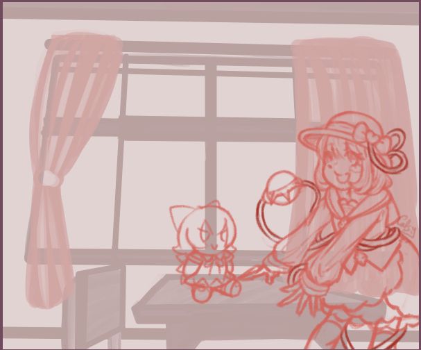 posing is really stiff as usual. picking a pose for koishi was a huge struggle..
im content with the final result, but i really wish they fit in the bg more..
since its my first time in a long while actually drawing a background, ill hopefuly get a good grasp on things eventually!