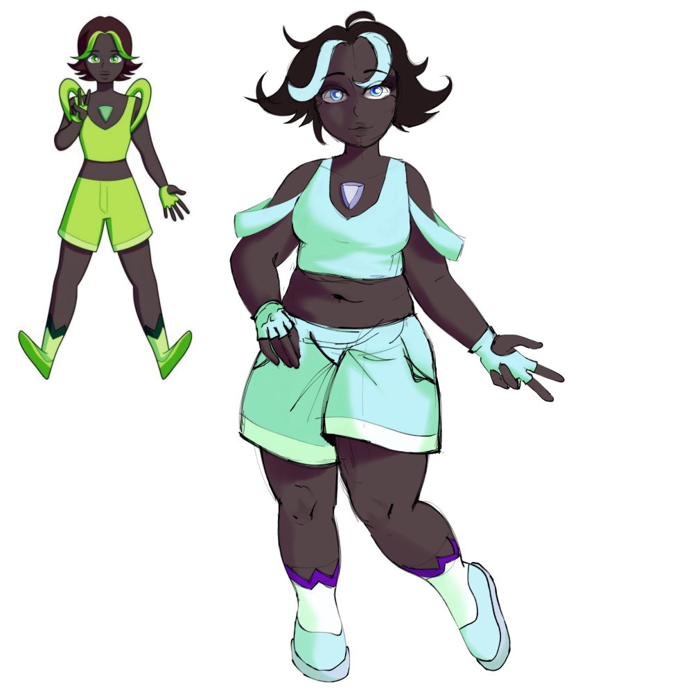 гемсона (персонажка по вселенной стивена). в левом верхнем углу уменьшенная картинка — оригинал дизайна (очень давний). в центре редизайн. тёмная кожа, телосложение пухлое, короткие растрёпанные волосы с двумя бирюзовыми прядями. глаза светло-голубые. камень (гем) между ключицами. короткий топ-майка, дополнительные лямки свисают с плеч. шорты. простая обувь. перчатки без пальцев.