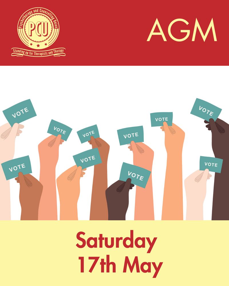 PCU logo in top left of image. Red rectangle across top of image with 'AGM' in yellow writing. Middle of image is graphic of hands holding cards that say 'vote'. Bottom of image is a yellow rectangle with 'Saturday 17th May' in red writing. 