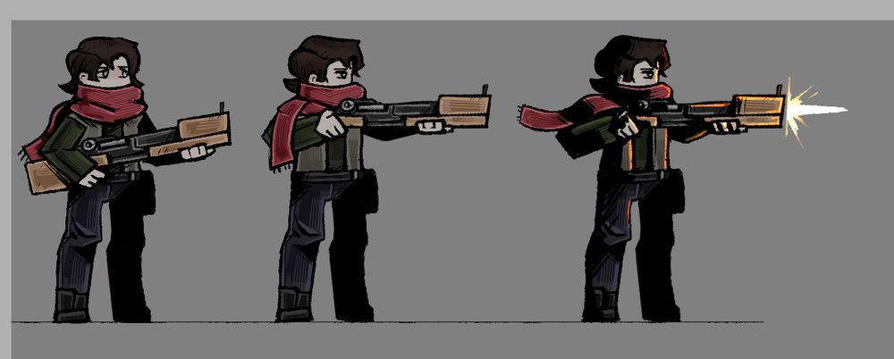 A spritesheet with a stylized character firing their weapon