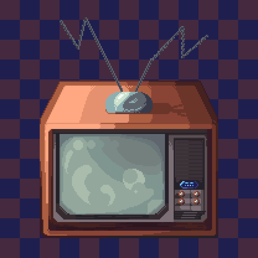 a brown late-70s tube television, complete with a bent metal antenna. The screen is off, and to the right of the screen there is a small blue plate, dials to change the channel and volume, and an audio amplifier vent port all mounted in the same chassis as the screen.