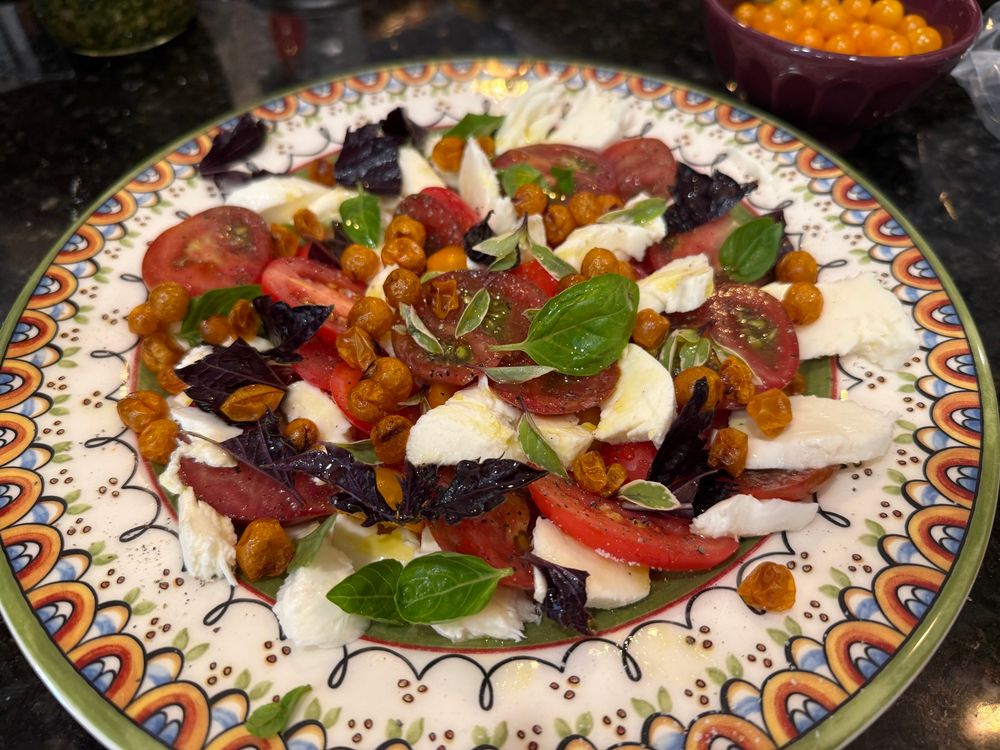 A colorful round plate with red sliced tomatoes, torn rounds of white mozzarella, green, dark purple, and variegated leaves of basil, and golden brown dried currant tomatoes all drizzled with salt, pepper, and olive oil 