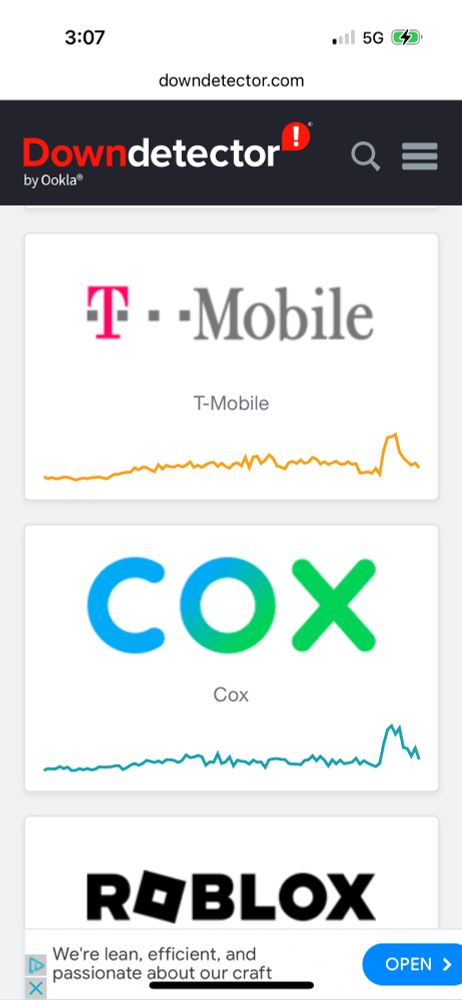 Charts from downdetector showing spike in outage reports for T-Mobile and cox