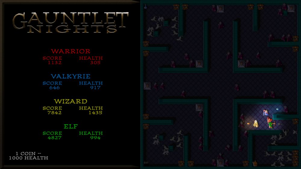 Using a MAME emulator for Windows, many screenshots were taken of the original coin-op Gauntlet and assembled in Photoshop.  Then everything was darkened except torches the four players carry.