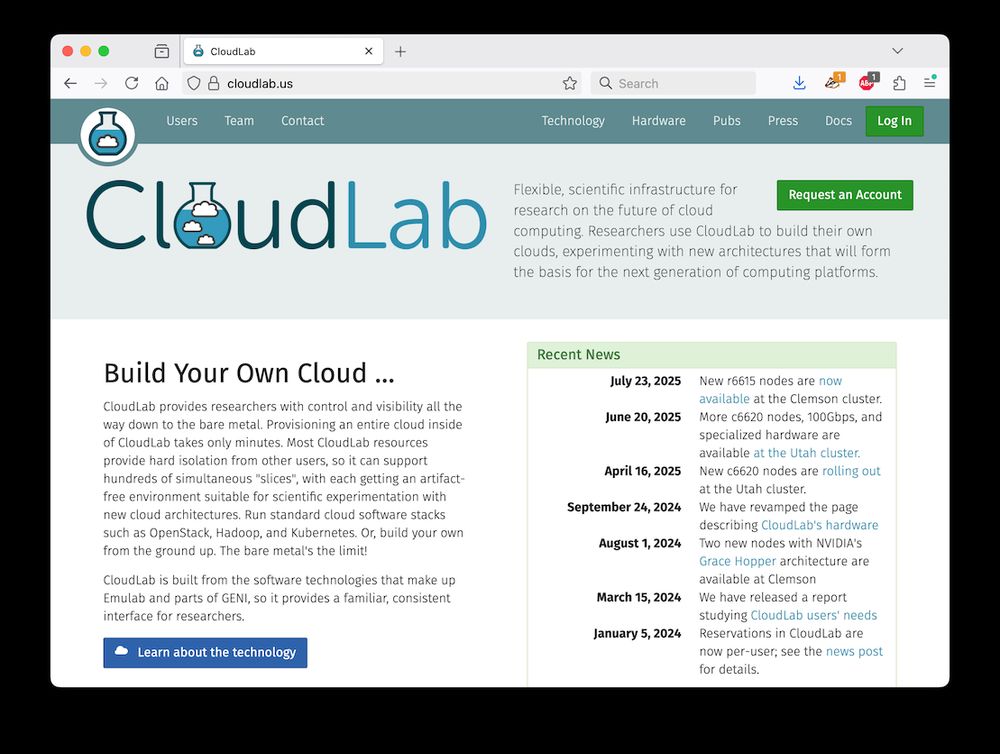 Screenshot of a web browser visiting the CloudLab website, https://cloudlab.us/