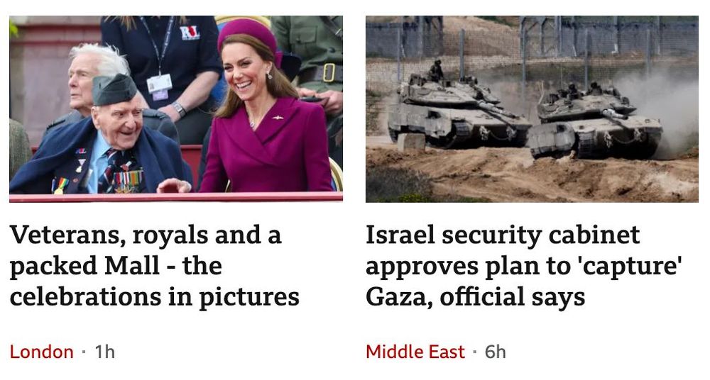 On the BBC website, an image of the royal family and veterans celebrating VE Day alongside an image of zionist tanks rolling in to Gaza.