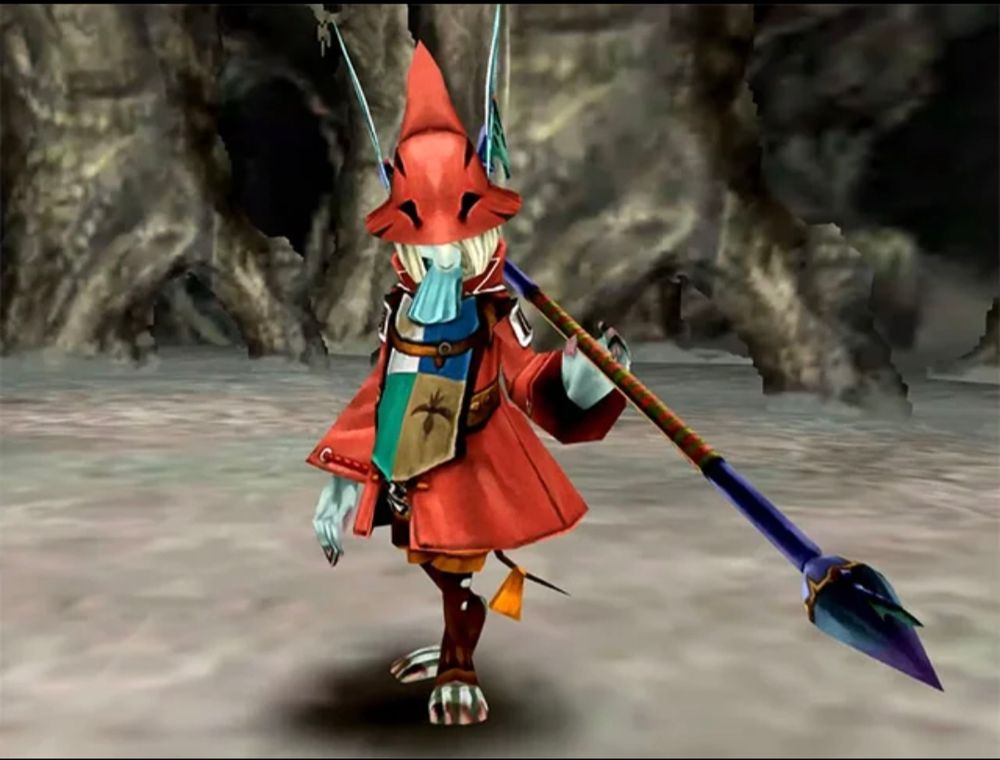 Freya from Final Fantasy IX: a rat-like person in a red coat and tall red hat, holding a spear.