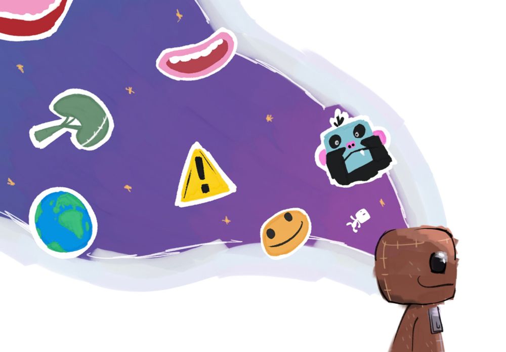 Sackboy looking to the right while some stickers and imagination comes out of his mind