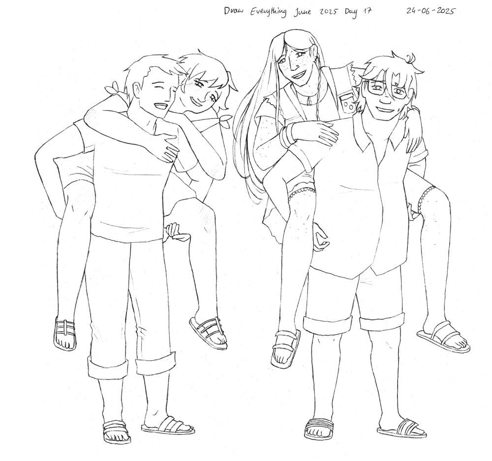 Two couples. Guys are piggy-backing their girlfriends.