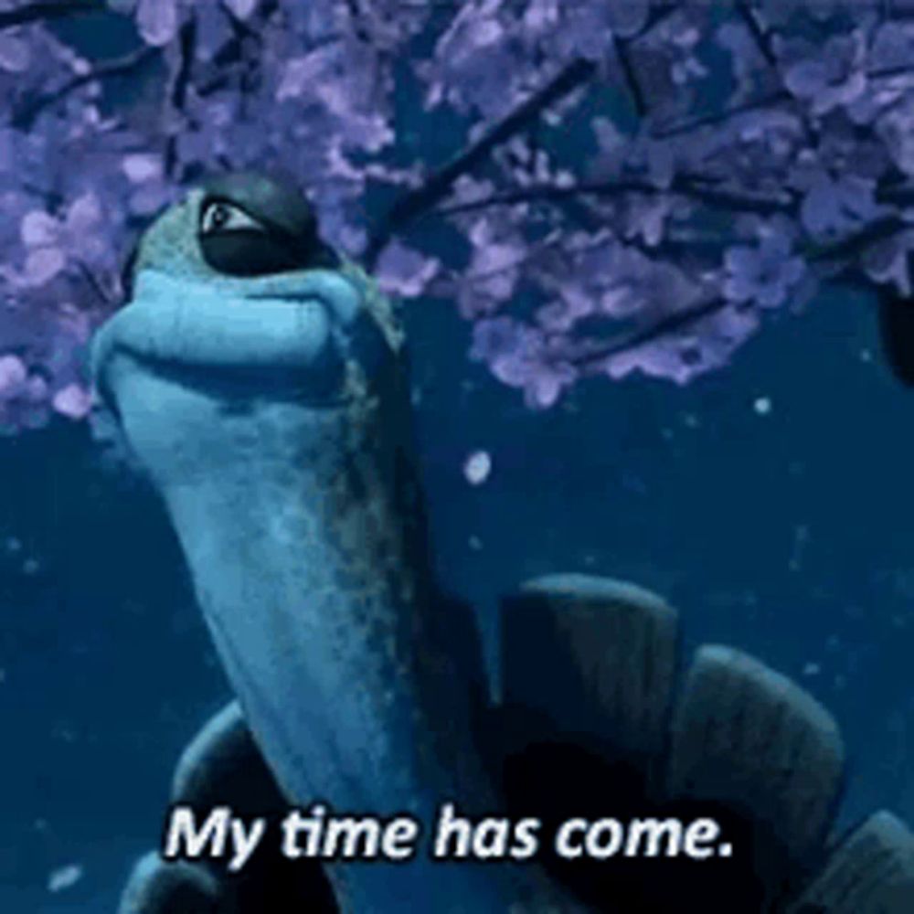 a turtle says " my time has come " in front of purple flowers