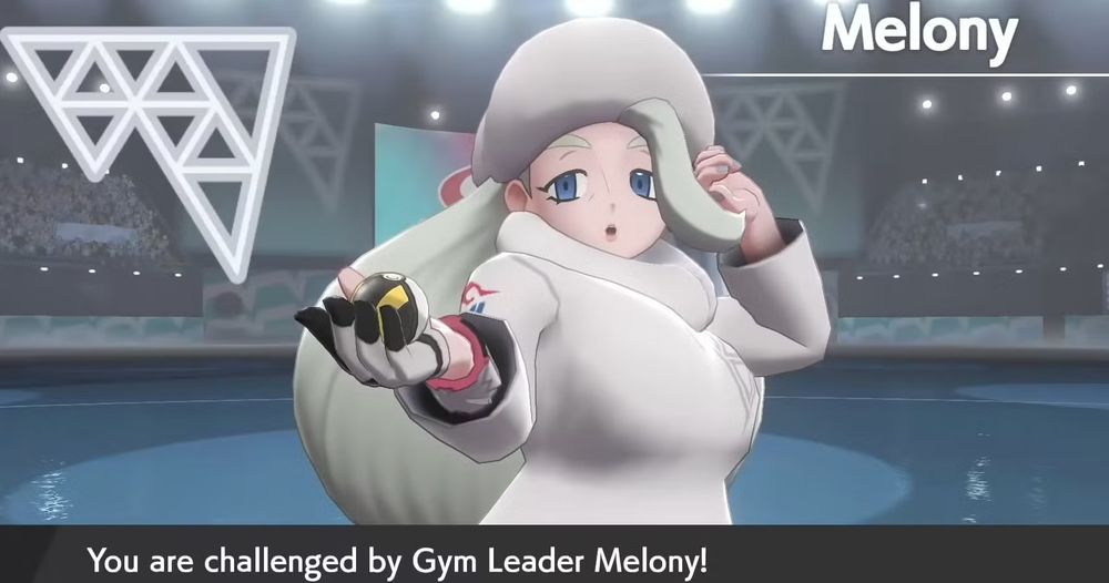 Melony, a zaftig snow themed gym leader from a Pokemon game. She is dressed in cold weather white clothing and looks kinda sleepy and has a tiny mouth. She hols a pokeball.