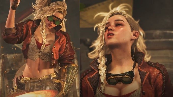 Gemma from Monster Hunter Wilds getting sweaty while smithing up something cool. She is blond with sideswept long hair ith a braid on the right side. She wears a red jacket, a crop top and a lot of utility belts.