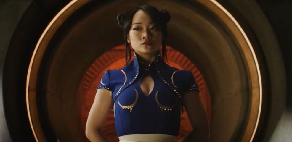 Chun-li from the new Street Fighter movie wearing a pretty off-model costume which is forgivable but it has a boob window 