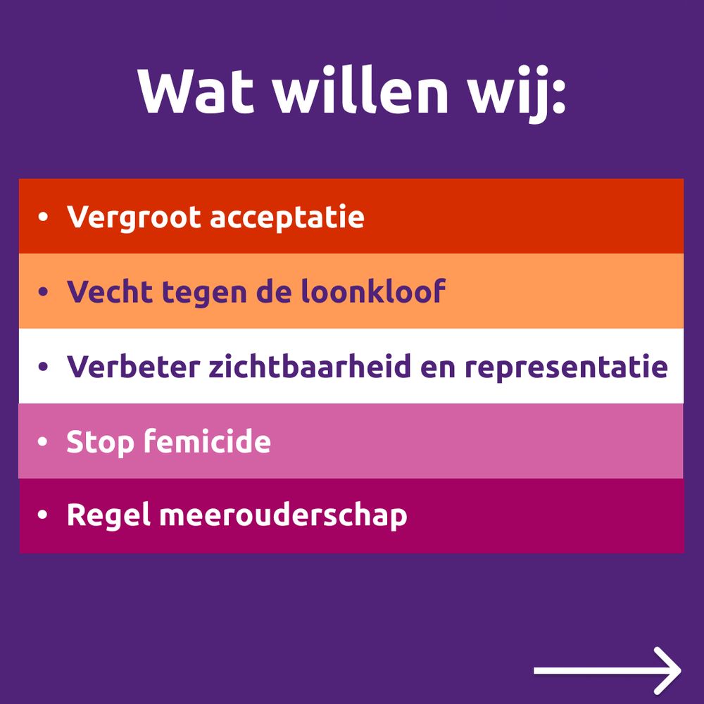 Wat willen wij:
Vergroot acceptatie
Vecht tegn de loonkloof
Verbeter zichtbaarheid en representatie
Stop femicide (vrouwenmoord, in brede definitie)
Regel meerouderschap