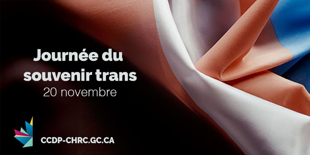 Le texte « Journée du souvenir trans - 20 novembre » sur un drapeau transgenre.
