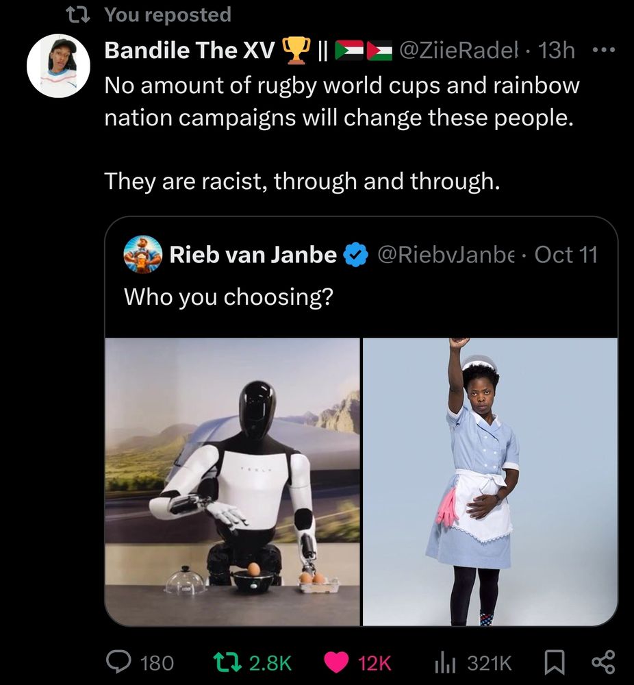 Quote tweet of a post with pictures of the Elon robot and a black maid saying who you are choosing. Quote tweet says, "No amoung of rugby world cubs and rainbow nation campaigns will cahnge these people. They are racist, through and through.