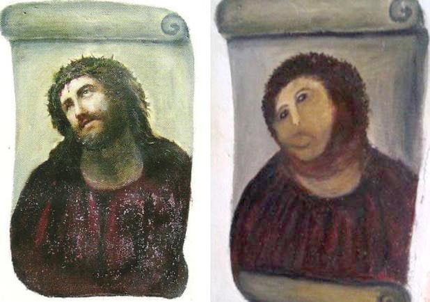 The “failed restoration of a fresco painting of Jesus” meme image.