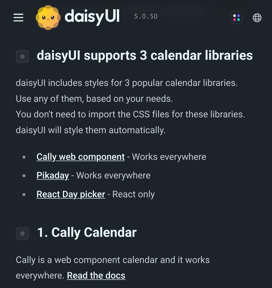 A screenshot of the above link showing Cally being recommended in Daisy UI