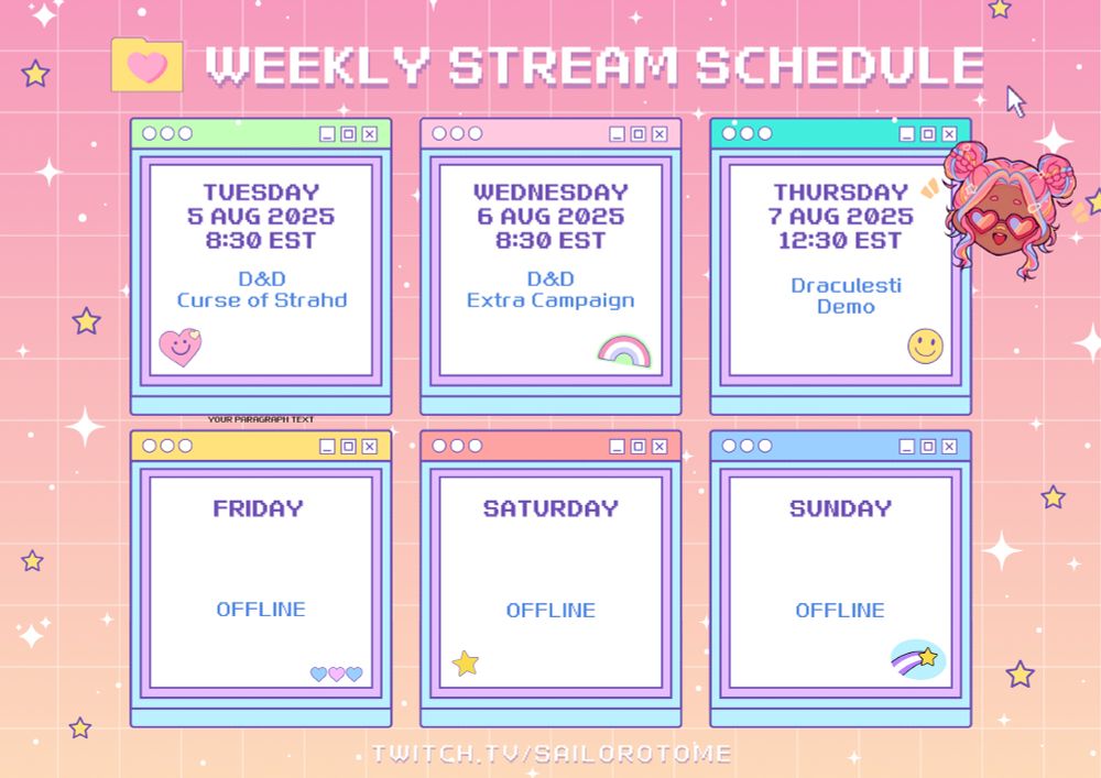 picture of a streaming schedule, showing activity from tues-thursday!