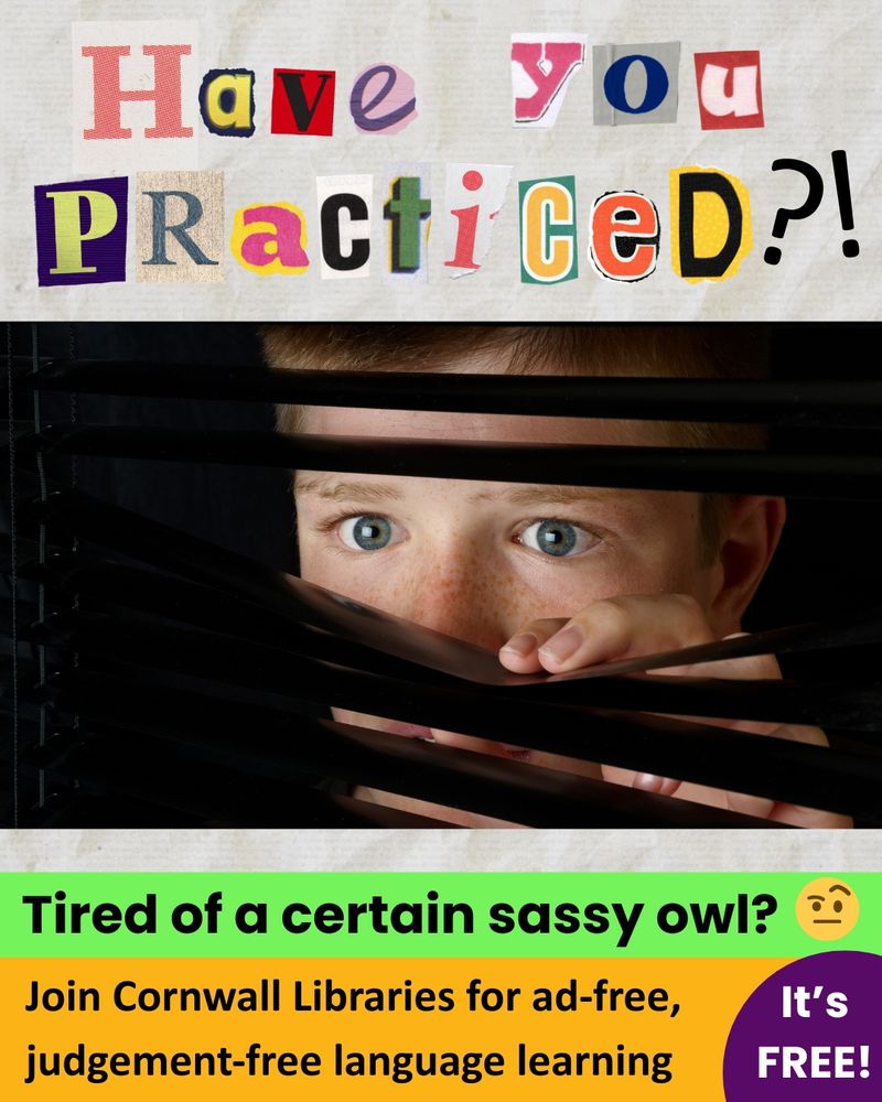 A boy looks out scared through some blinds, with ripped newspaper style message reading 'Have you practised?'. Below are the words: Tired of a certain sassy owl? Join Cornwall Libraries for ad-free, judgement-free language learning. It's FREE!
