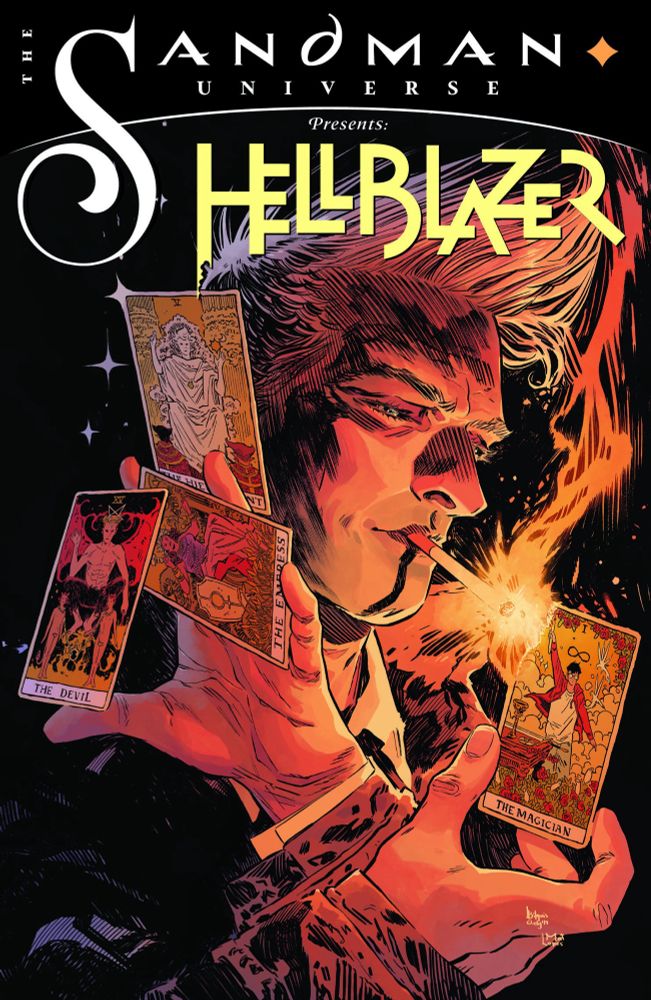 Cover of Hellblazer featuring John Constantine lighting a cigarette with a lit tarot card while doing a shuffle trick with tarot cards in the other hand. 