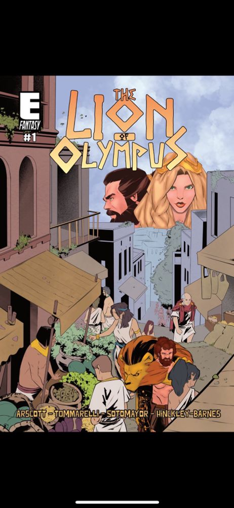 Lion of Olympus cover featuring Herakles in a street market as the visages Zeus and Hera hang ominously in the sky overlooking the city. 