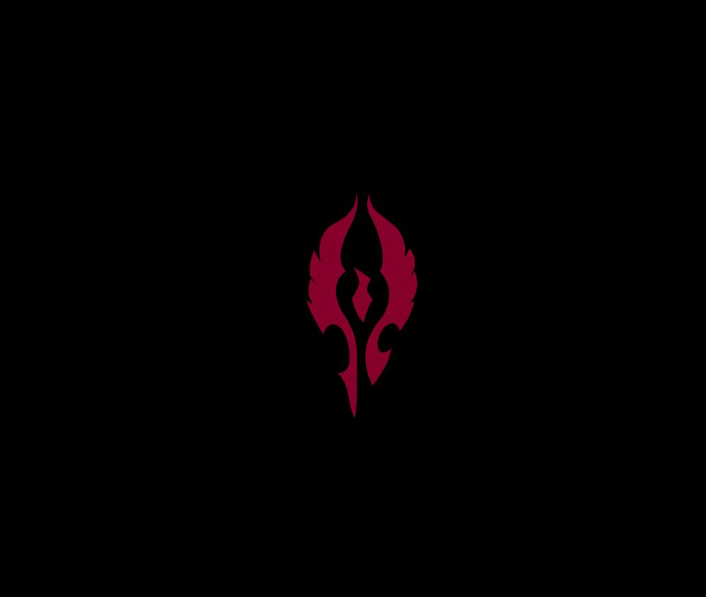 Blood Elf Horde symbol hybrid, red with on a black background.