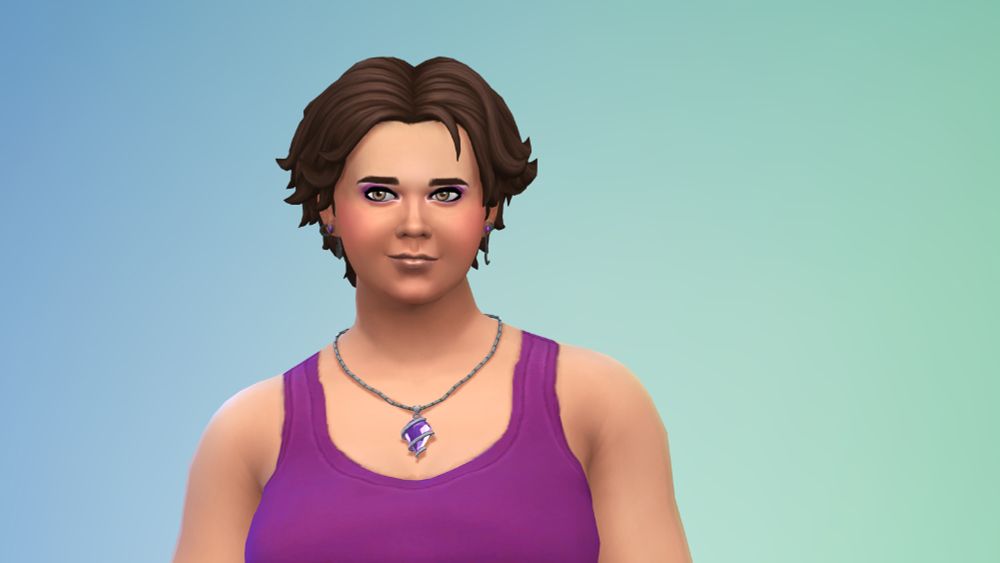Female sim with short brown hair, hazel eyes and a purple tank top.