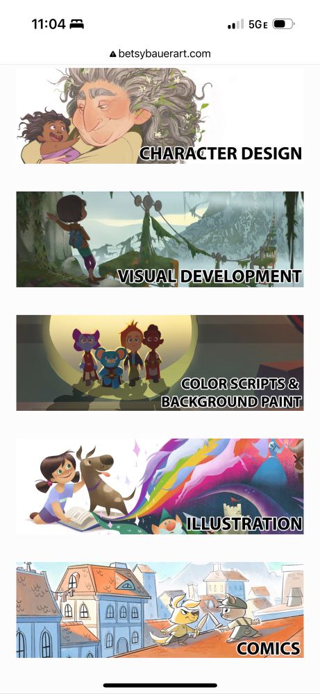 A screenshot of the homepage for betsybauerART.com.  It includes thumbnails for 5 categories— Character Design, Visual Development, Colorscripts & Background Paint, Illustration, and Comics.