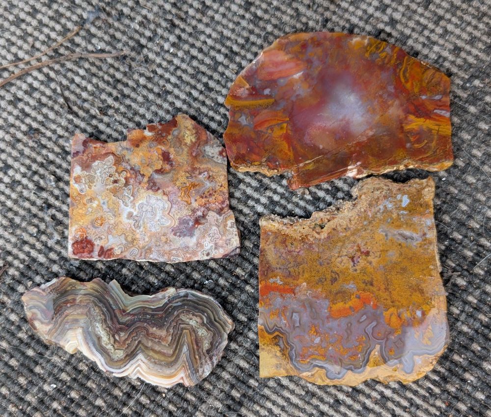 Four rock slabs. Some are agate. One is gray and brown, the others are cream, gold, orange and red