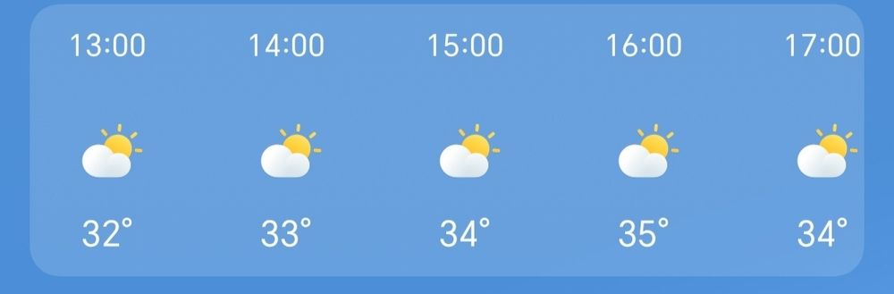 screenshot of today's weather forecast from 13:00 to 17:00. hourly it goes: 32, 33, 34, 35, 34 degrees Celsius 