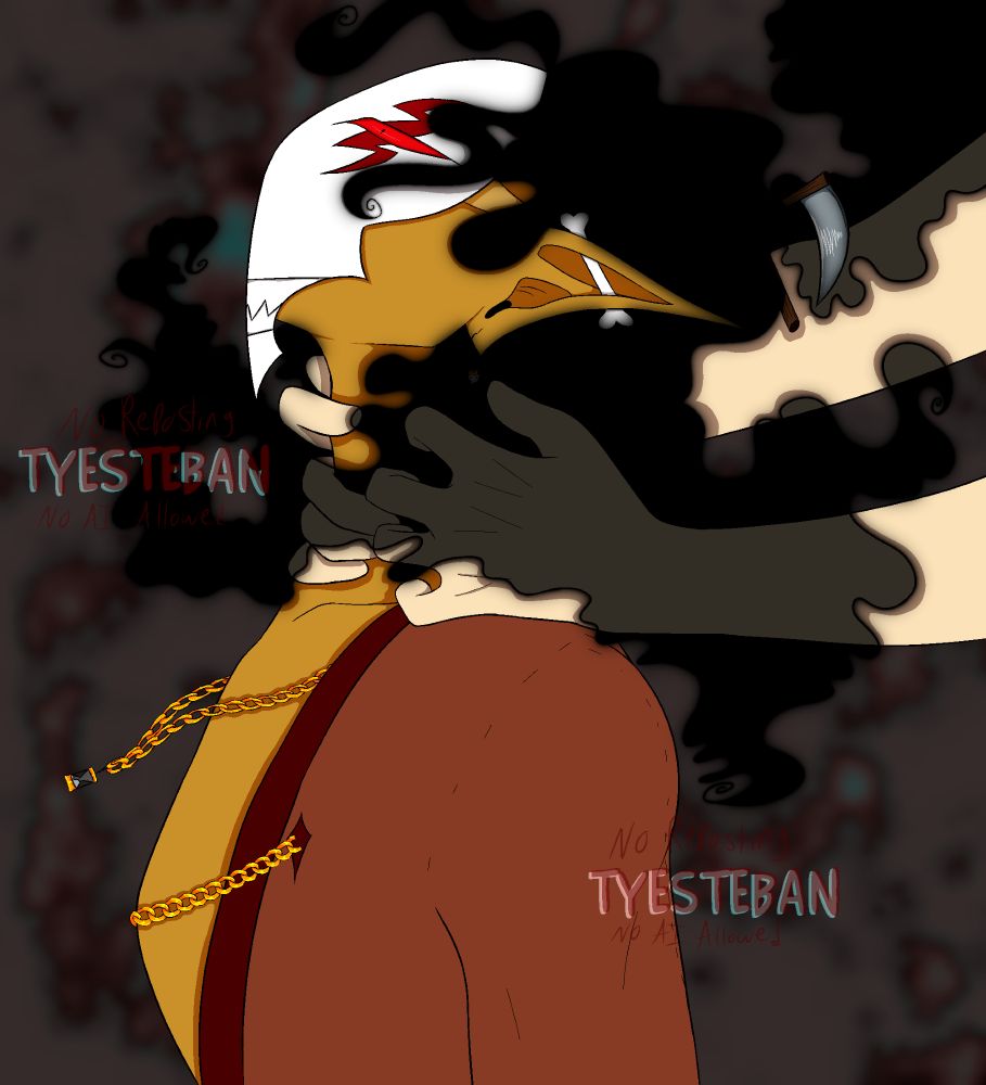 The drawing using a base of a gold-skinned demon with a white and red mask, and hair of shadows. He is being held by his throat by a person not fully on screen. His mask is normal but the angle makes it seem like it is reacting with him, in shock.