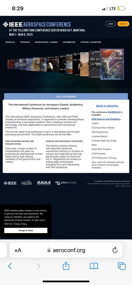 Web page describing the IEEE Aerospace Conference, inviting experts in the field to share their progress with the community. 