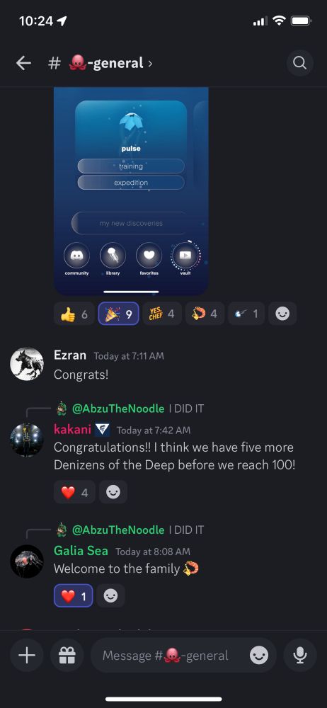 FathomVerse Discord conversation where a player just announced reaching the final level (Denizen of the Deep) and everyone is congratulating them and “welcoming them to the family.” ❤️