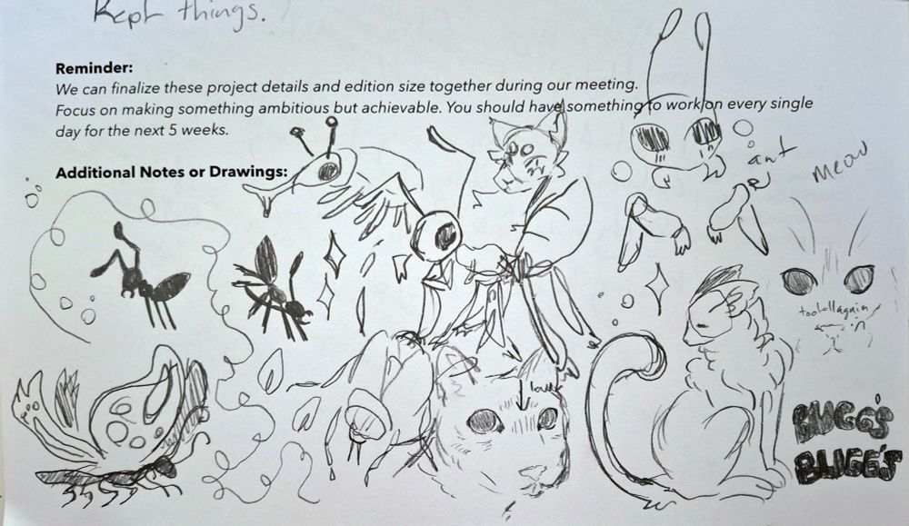 A sketch page of various cats and insects, done on the bottom of a project assignment page. Text reads:
"Reminder:
We can finalize these project detauls and edition size together during our meeting. Focus on making something ambitious but achievable. You should have something to work on every single day for the next 5 weeks.
Additional Notes or Drawings:"