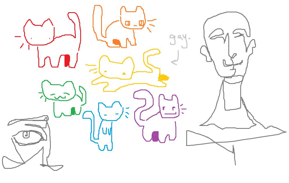 a rainbow of cat doodles looking silly and amateurish along side a single line eye drawing and a single line face drawing