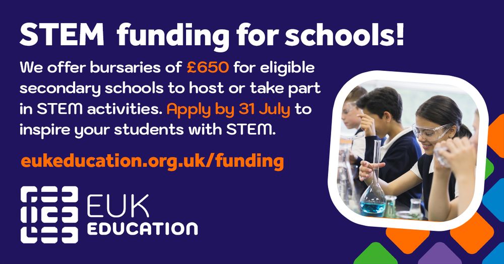 STEM funding for schools!
We offer bursaries of £650 for eligible secondary schools to host or take part in STEM activities. Apply by 31 July to inspire your students with STEM.