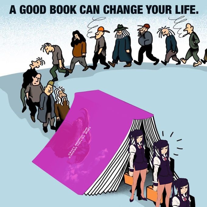 A meme with a line of various people walking into the gap of a giant open book of VA-11 Hall-A: Design Works and coming out the other side as Jill Stingray 