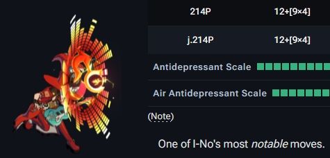 A screenshot of I-No's Antidepressant Scale Dustloop page.
Text that reads:
214P 12+[9×4]
j.214P 12+[9×4]
Antidepressant Scale
Air Antidepressant Scale
(Note)
One of I-No's most notable moves.