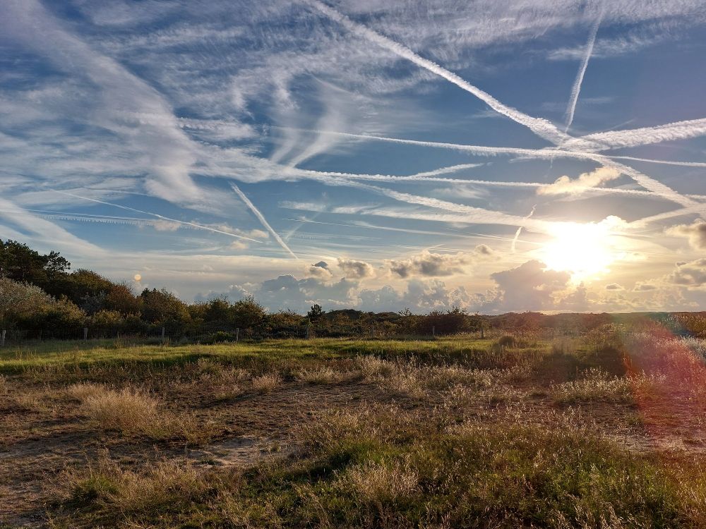 Foto van mooie zonsondergang in de duinen met onwijs veel vliegtuigstrepen  kriskras door de lucht