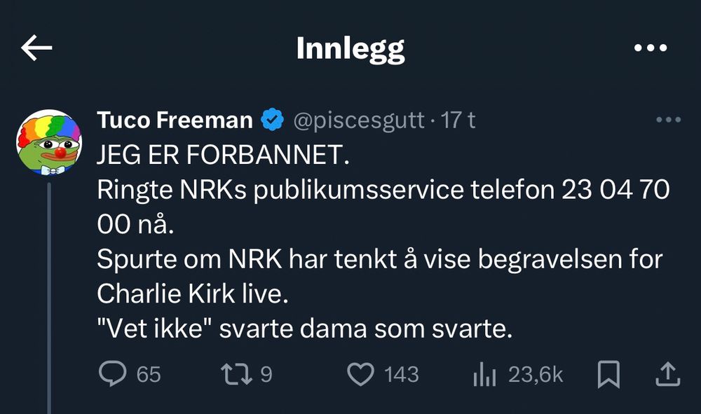 Fra X: En som er forbannet over at NRK publikumsservice ikke vet om skal sende begravelsen til Kirk direkte. 