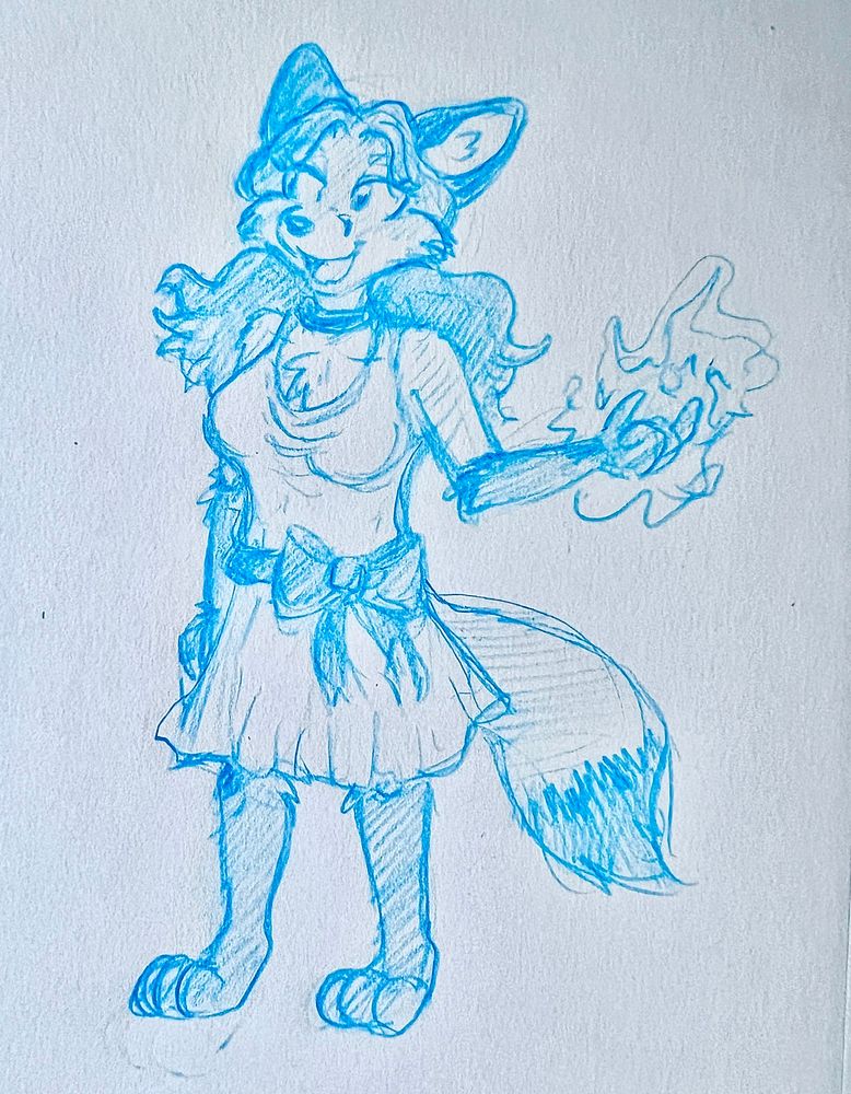 A blue lead sketch of Rhenna, who’s an anthro fox in this “cartoon in the Precociousverse” incarnation of my scratch paper story, Momentum. Rhenna, a status mage, is readying to drop an electric stun on a victim. She is wearing a cowl neck dress with a bow around the waist and has wavy thick hair clipped back, which flares out in a fan shape around her shoulders. I have four versions of this sketch edited, all resulting in slightly different proportions and anatomy with her. My brain melted trying to figure out which was best. I have no idea what this looks like anymore. 