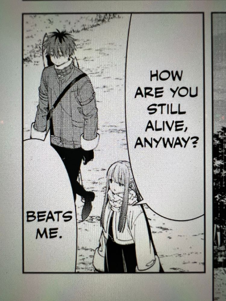 A panel from the Frieren: Beyond Journey’s End manga, where mage Fern asks warrior Stark how he’s still alive after a dragon chewed his head. Again. Stark doesn’t know.