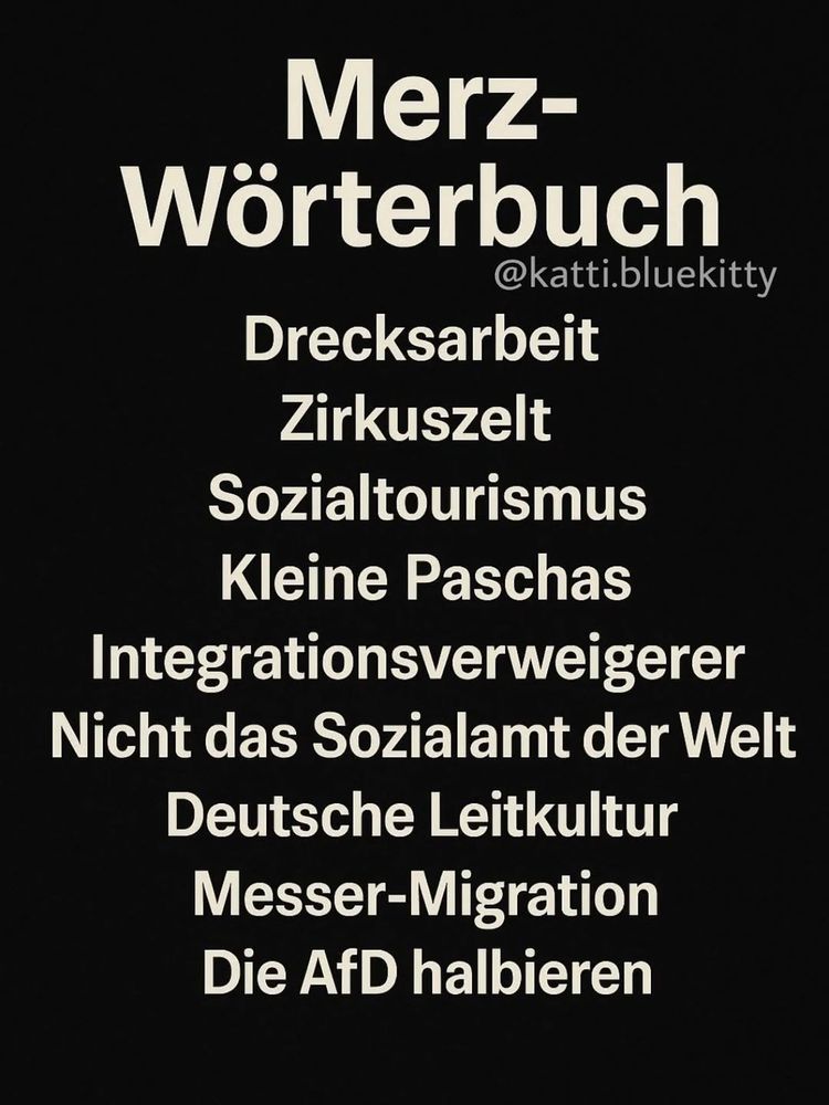 Merz-Wörterbuch
Drecksarbeit
Zirkuszelt
Sozialtourismus
Kleine Paschas
Integrationsverweigerer
Nicht das Sozialamt der Welt
Deutsche Leitkultur
Messer-Migration
Die AFD halbieren