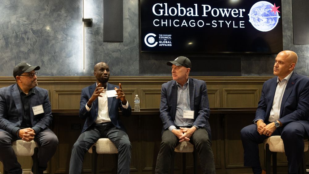 Event speakers Wesley Korir, George Chiampas, Carey Pinkowski, and Endy Zemenides.