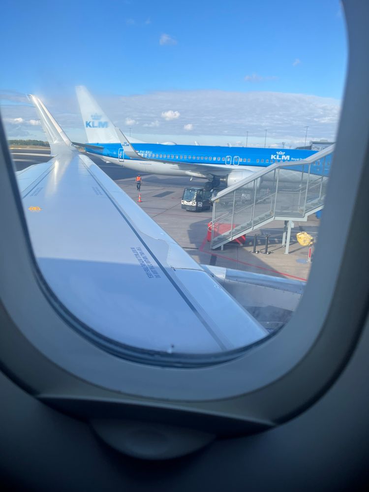 Photo of an aircraft wing taken from inside the cabin