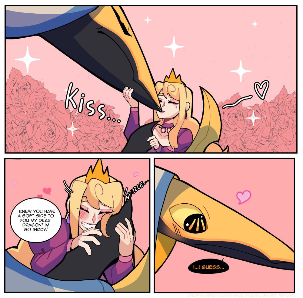 a dragon and a princess kissing.