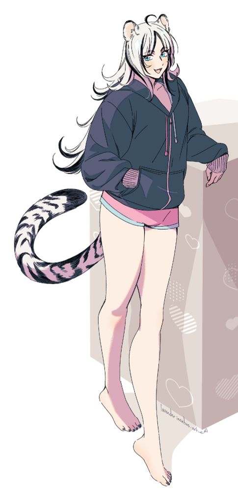 A digital sketch of a character with white tiger ears and tail, with matching white hair with black stripes. She's wearing a super oversized gray hoodie with very short pink-and-blue shorts. She's posed casually, standing while leaning against a nondescript object, showing off her long legs and painted toenails.